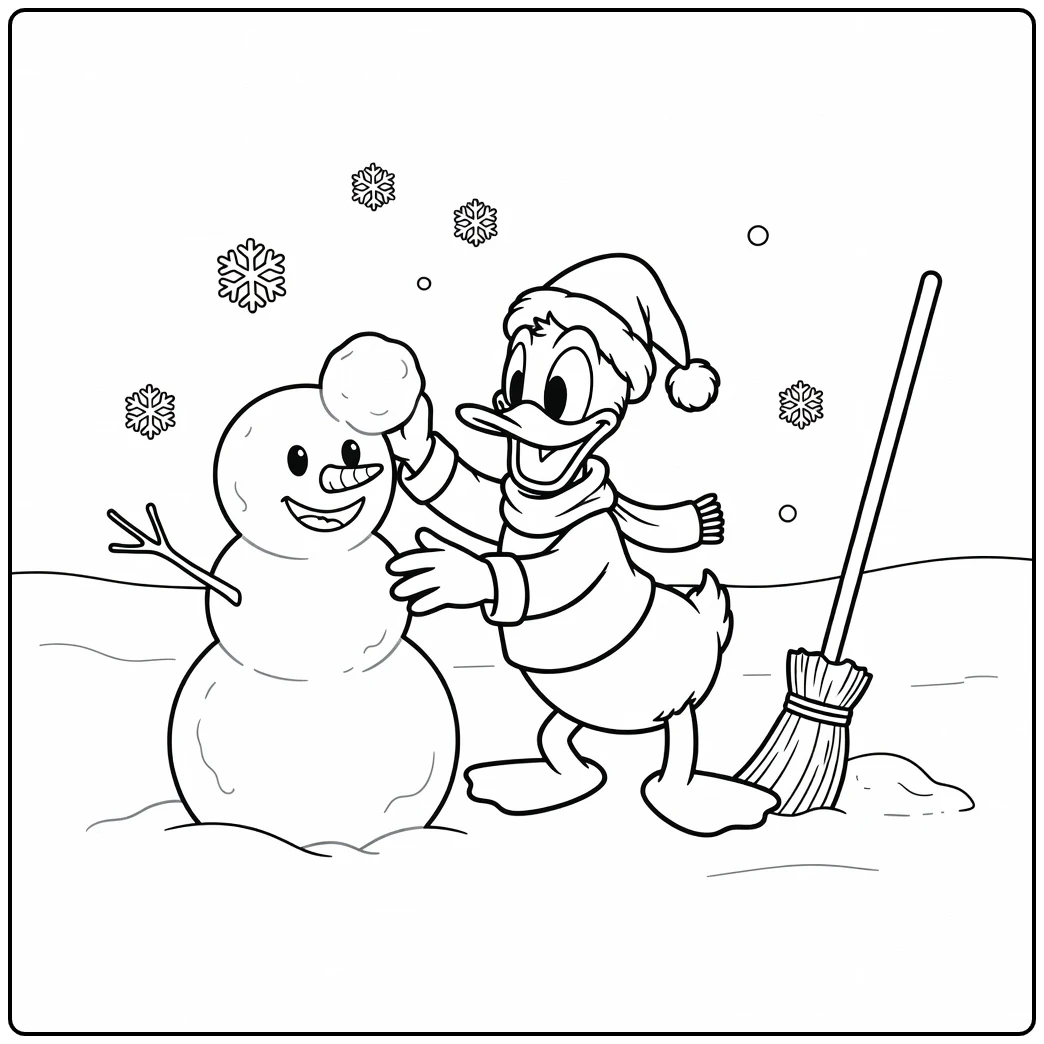 Cheerful Donald Duck Christmas Snow Fun coloring page