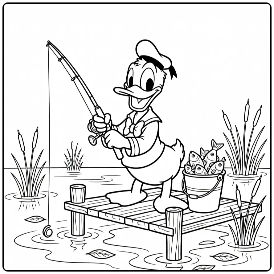 Detailed Donald Duck Fishing on Dock coloring page