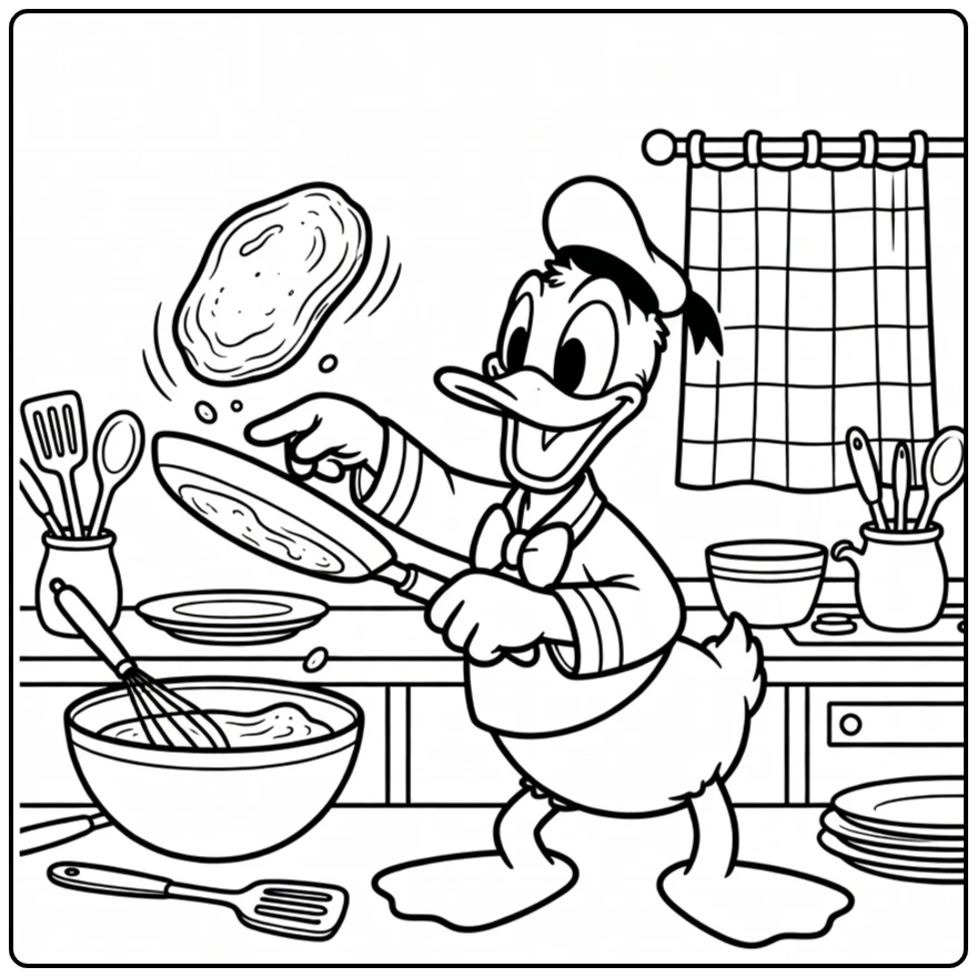 Detailed Donald Duck coloring page with a busy background