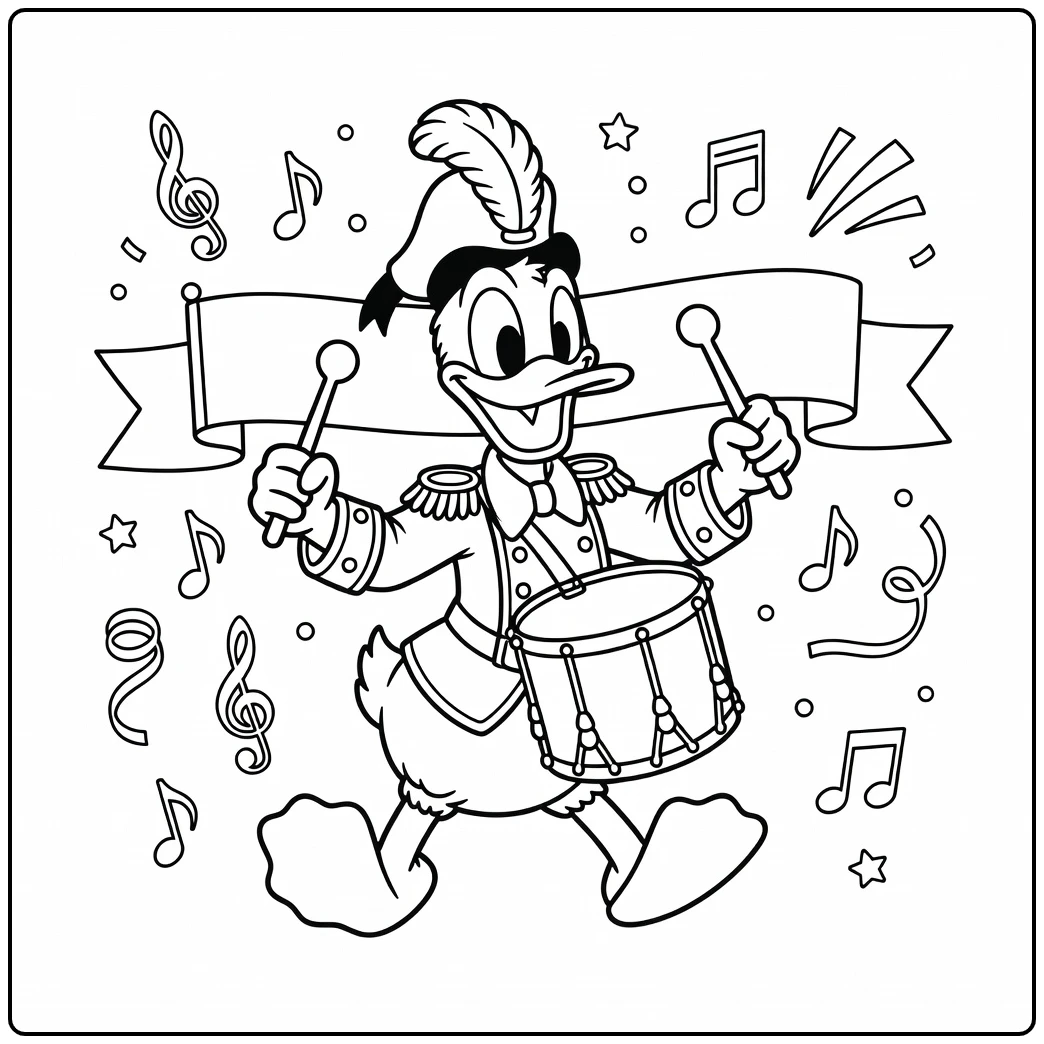 Detailed Donald Duck Proudly Parading with His Drum coloring page