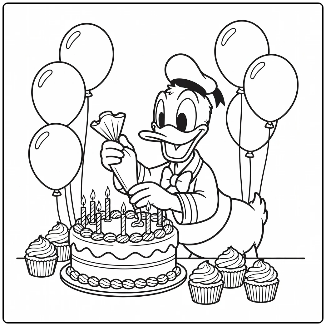Donald Duck Decorating a Birthday Cake coloring page
