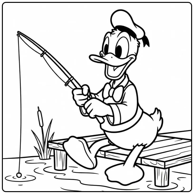 Cheerful Donald Duck Fishing by the Water coloring page