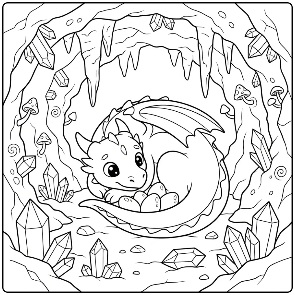 Dragon Protecting Eggs in Crystals Cave coloring page