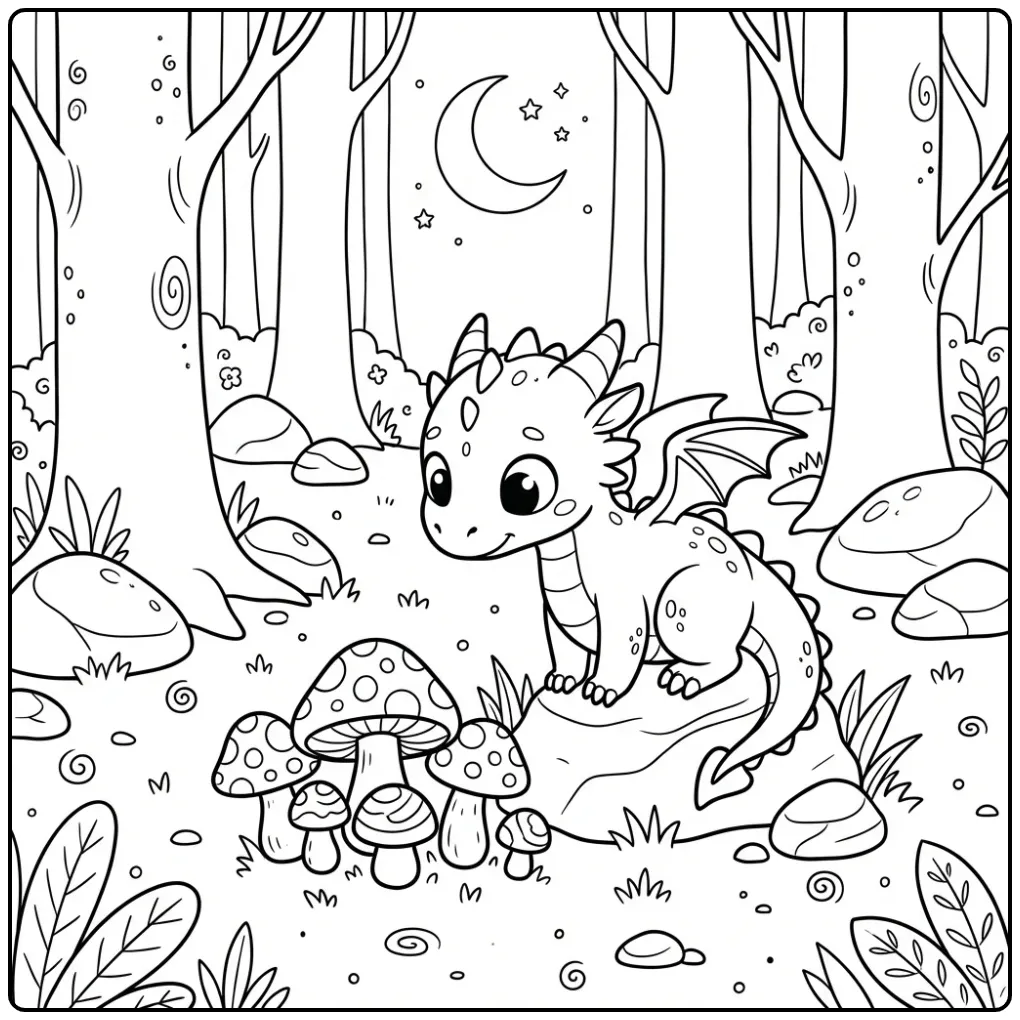 Dragon with Mushrooms in the Forest coloring page
