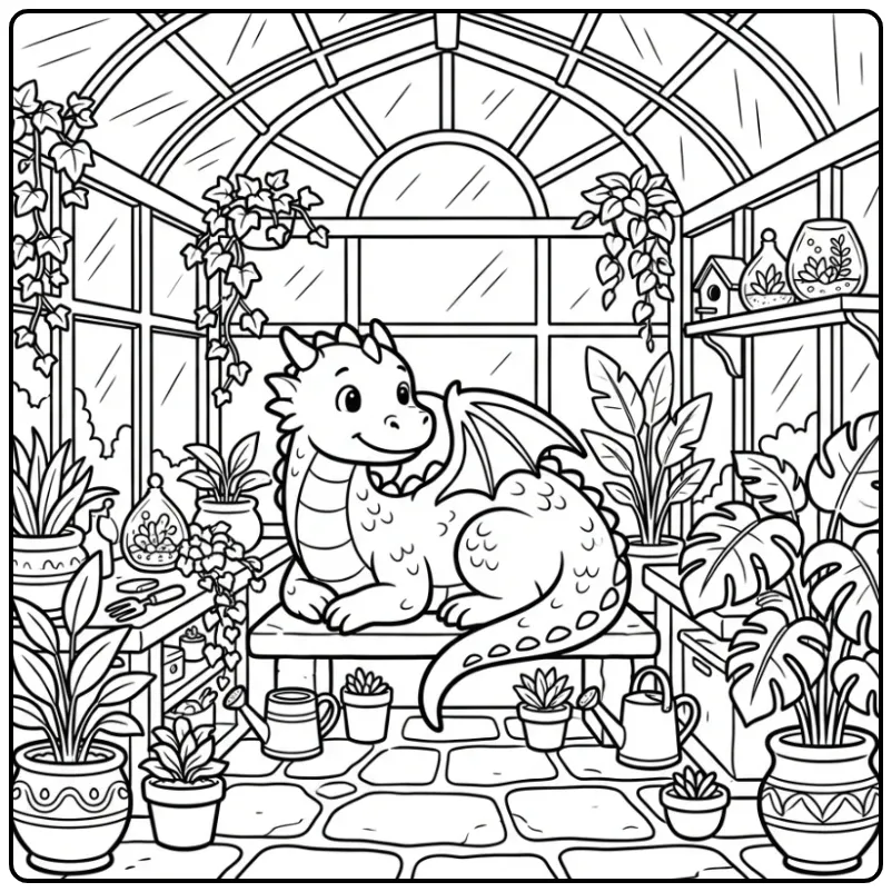 Dragon in a Greenhouse Full of Beautiful Plants and Flowers coloring page