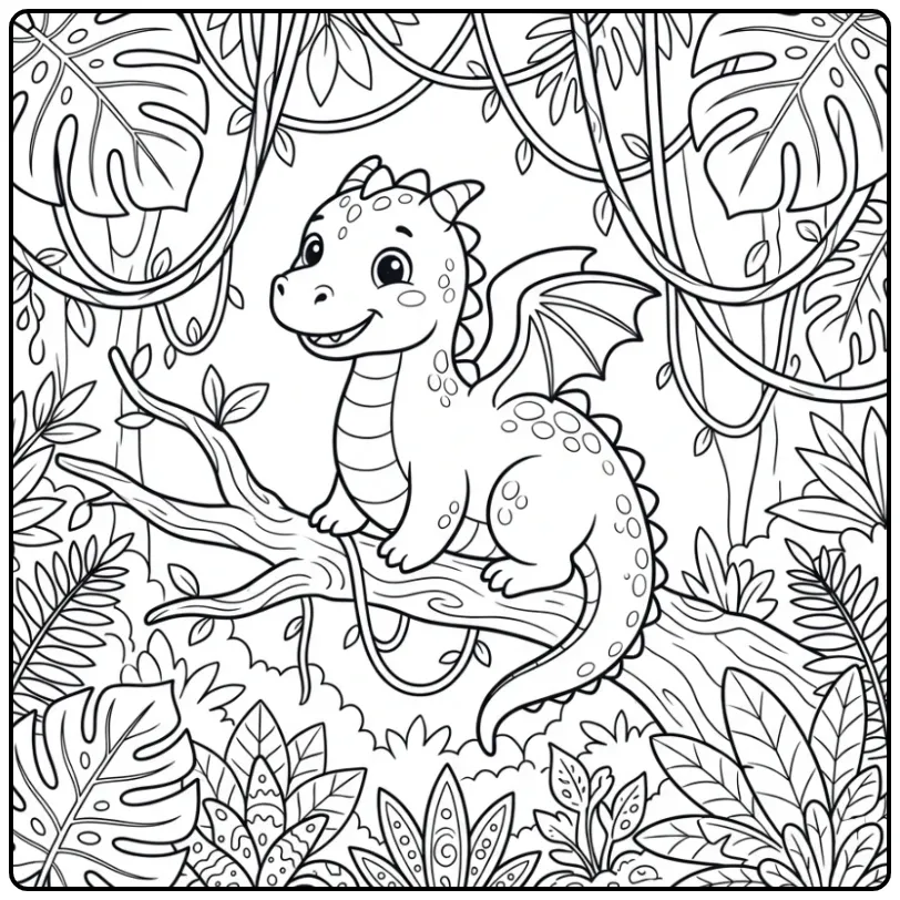 Dragon in the Rainforest with Vines coloring page