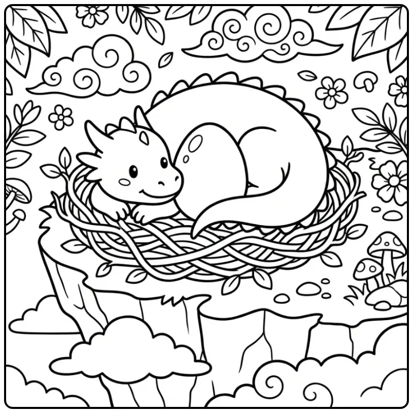 Dragon in Nest with Egg and Clouds coloring page