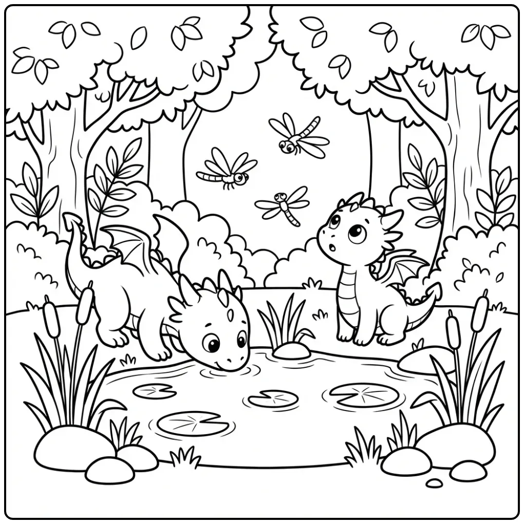 Dragon with Dragonflies and Water Lilies coloring page