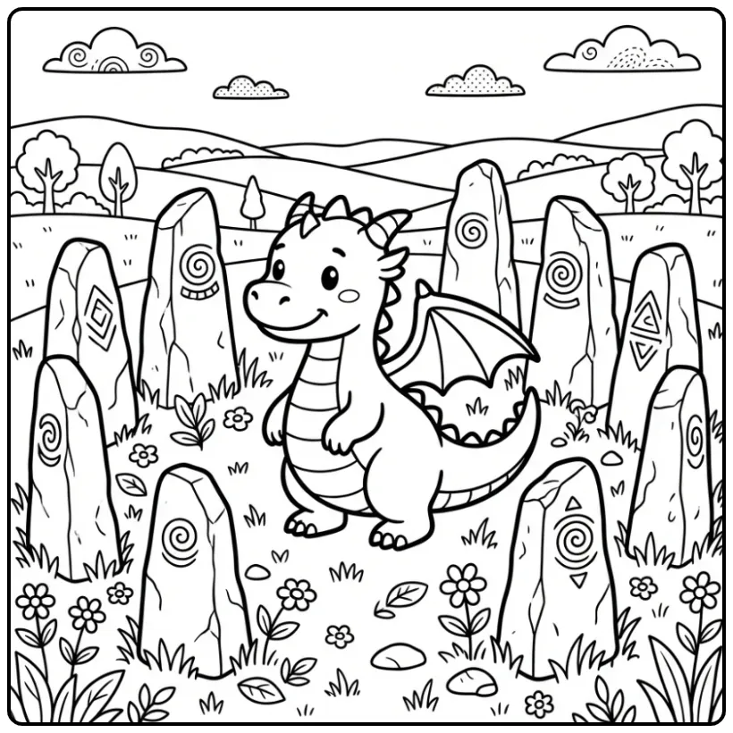 Dragon with Magical Stone and Hills coloring page