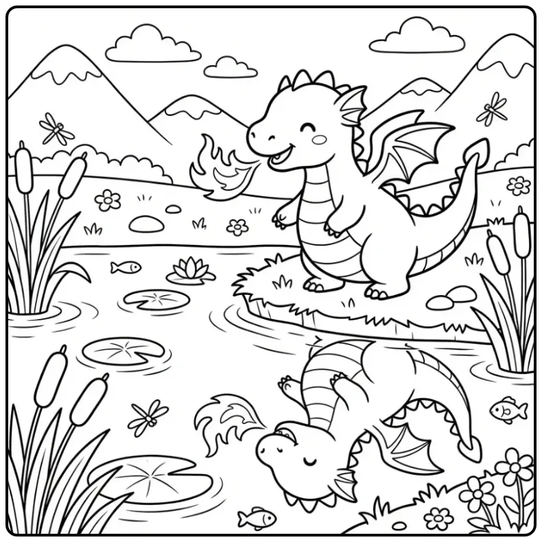 Fire Dragon in a Magical Scene by the Water coloring page