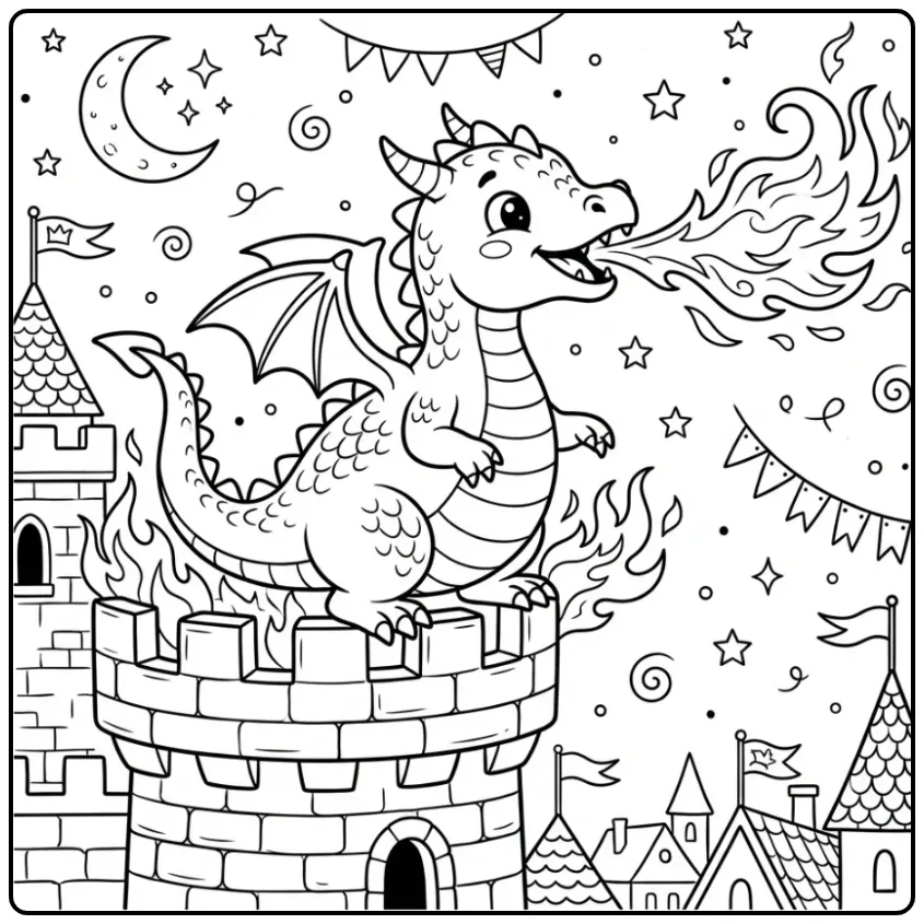 Dragon Fire on a Castle with Moonlight coloring page