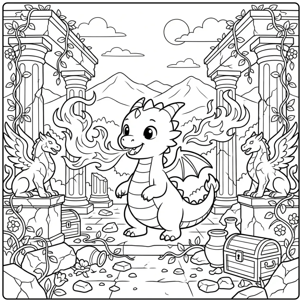 Dragon with Fire Among Stone Runes coloring page