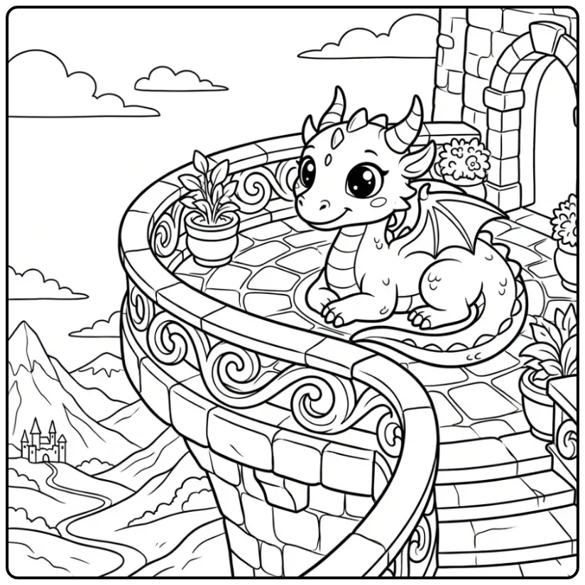 Dragon on a Balcony of a Mountain Fortress coloring page