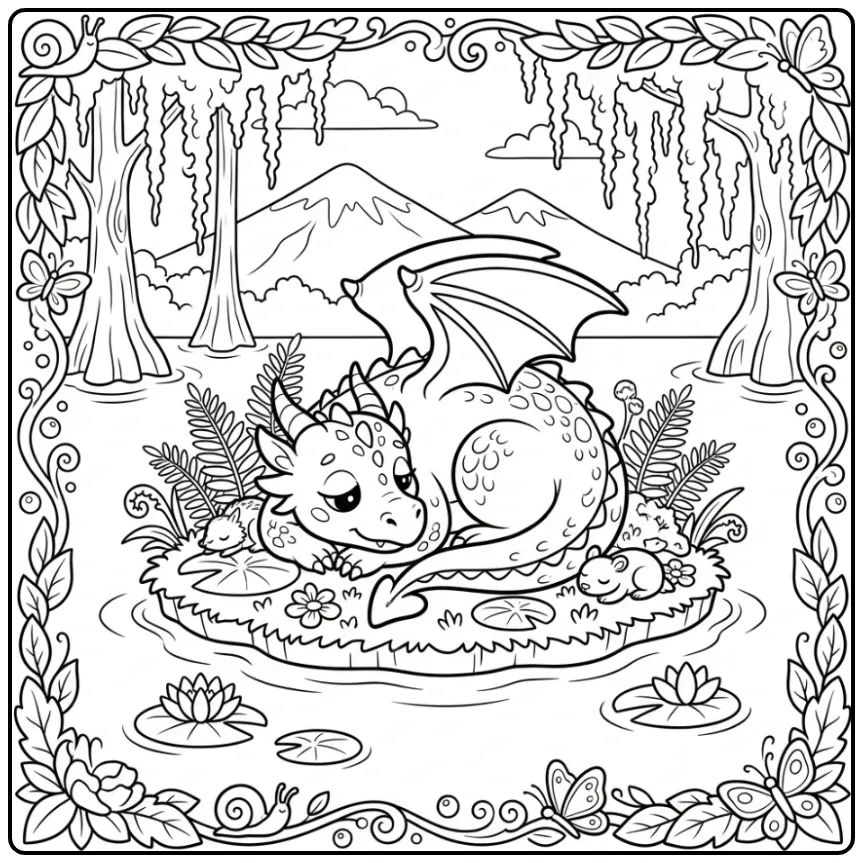 Dragon on a Floating Island in the Swamp coloring page