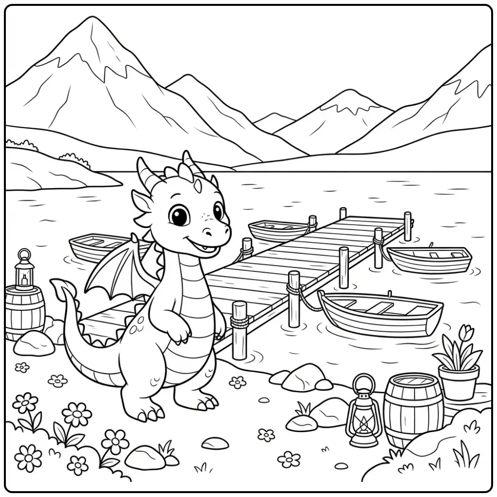 Dragon on a Wooden Dock by the Water coloring page