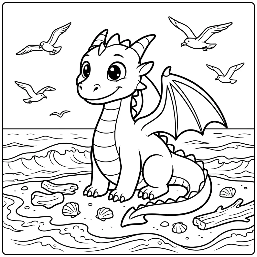 Dragon on the Beach with Shells and Seagulls coloring page