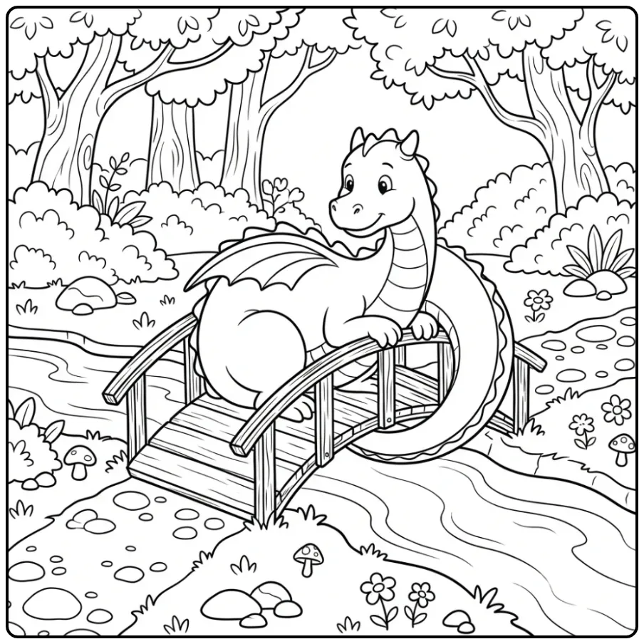 Dragon Standing Watch by a Small Bridge in the Forest coloring page
