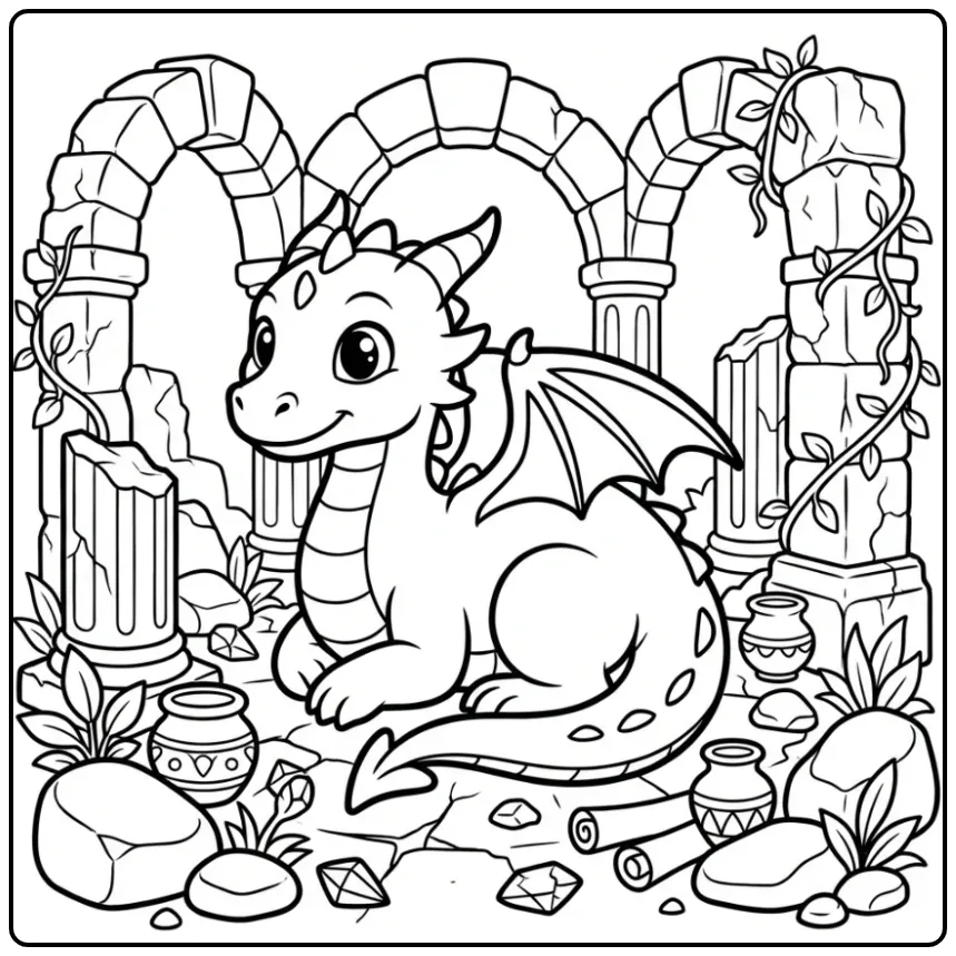 Dragon Among Stone Runes and Climbing Plants coloring page