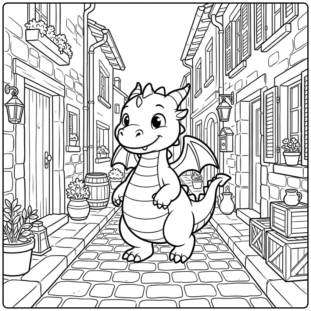 Dragon Walking Cheerful Through a Oud Village coloring page