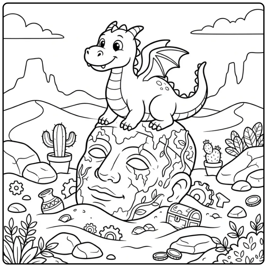 Dragon Sitting on a Buried Stone Head coloring page