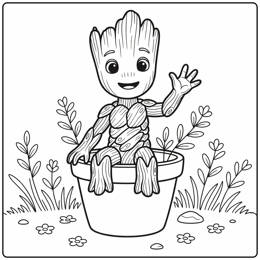 Groot as Baby in Pot with Garden Elements coloring page