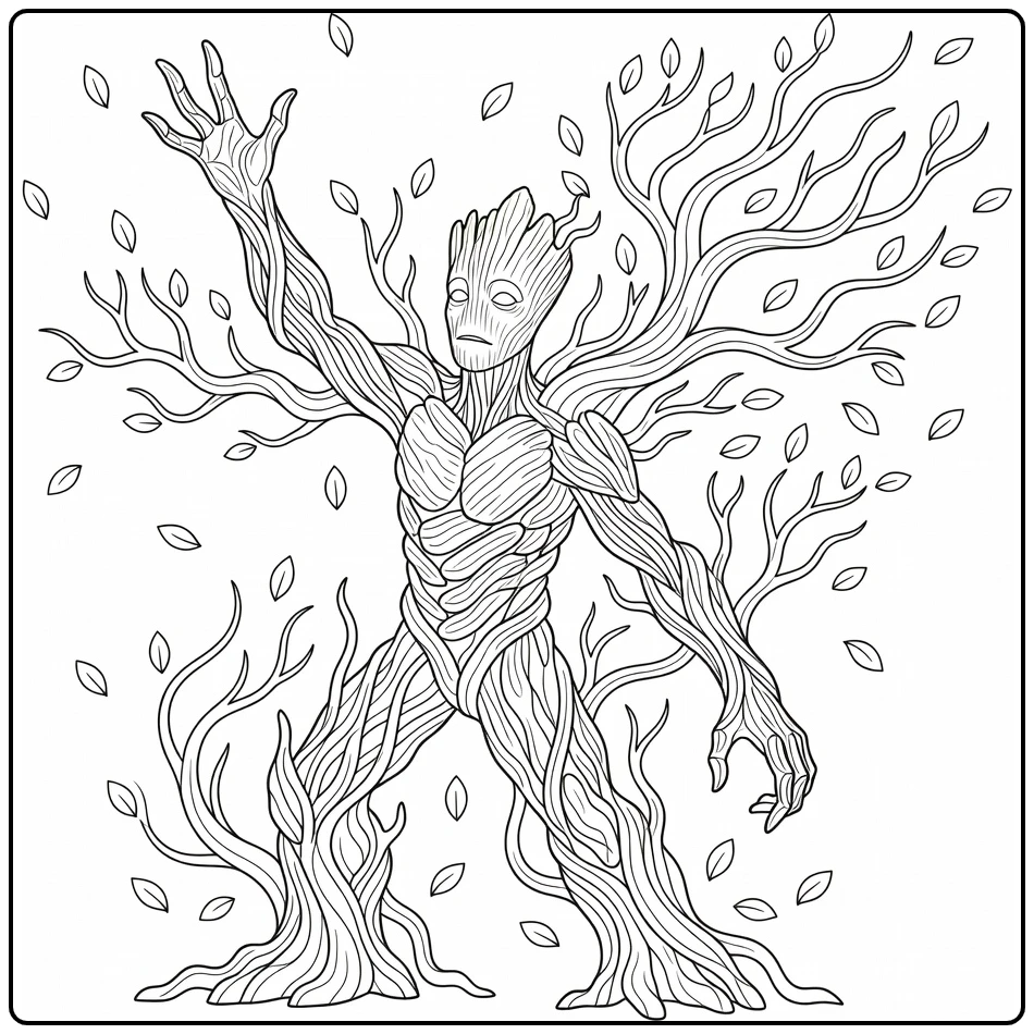 Groot as Magical Tree with Coiling Branches coloring page