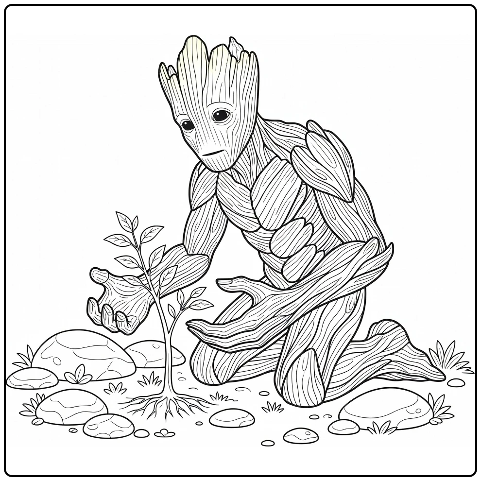 Groot Protecting Tiny Sapling in Garden Setting coloring page