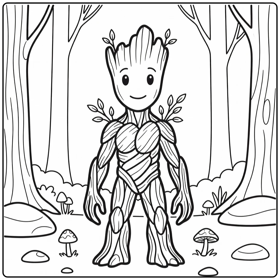 Groot Smiling to Center of Mushrooms coloring page