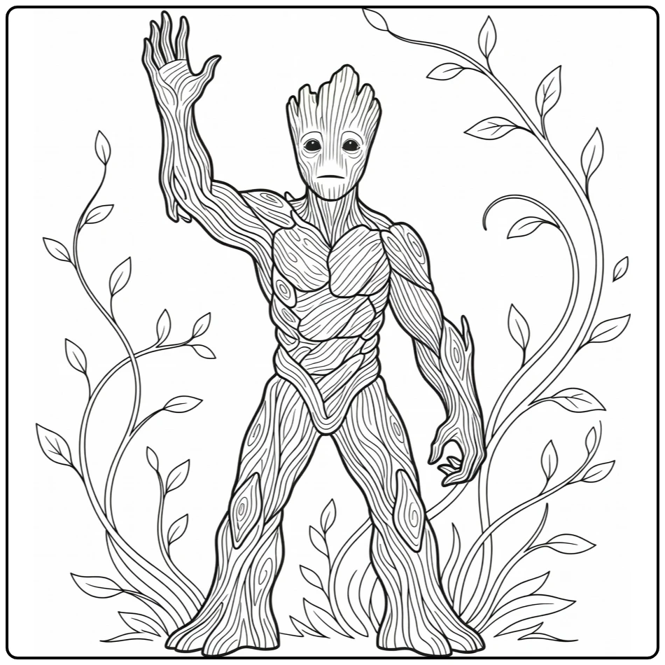 Groot in Heroic Pose with Vines coloring page
