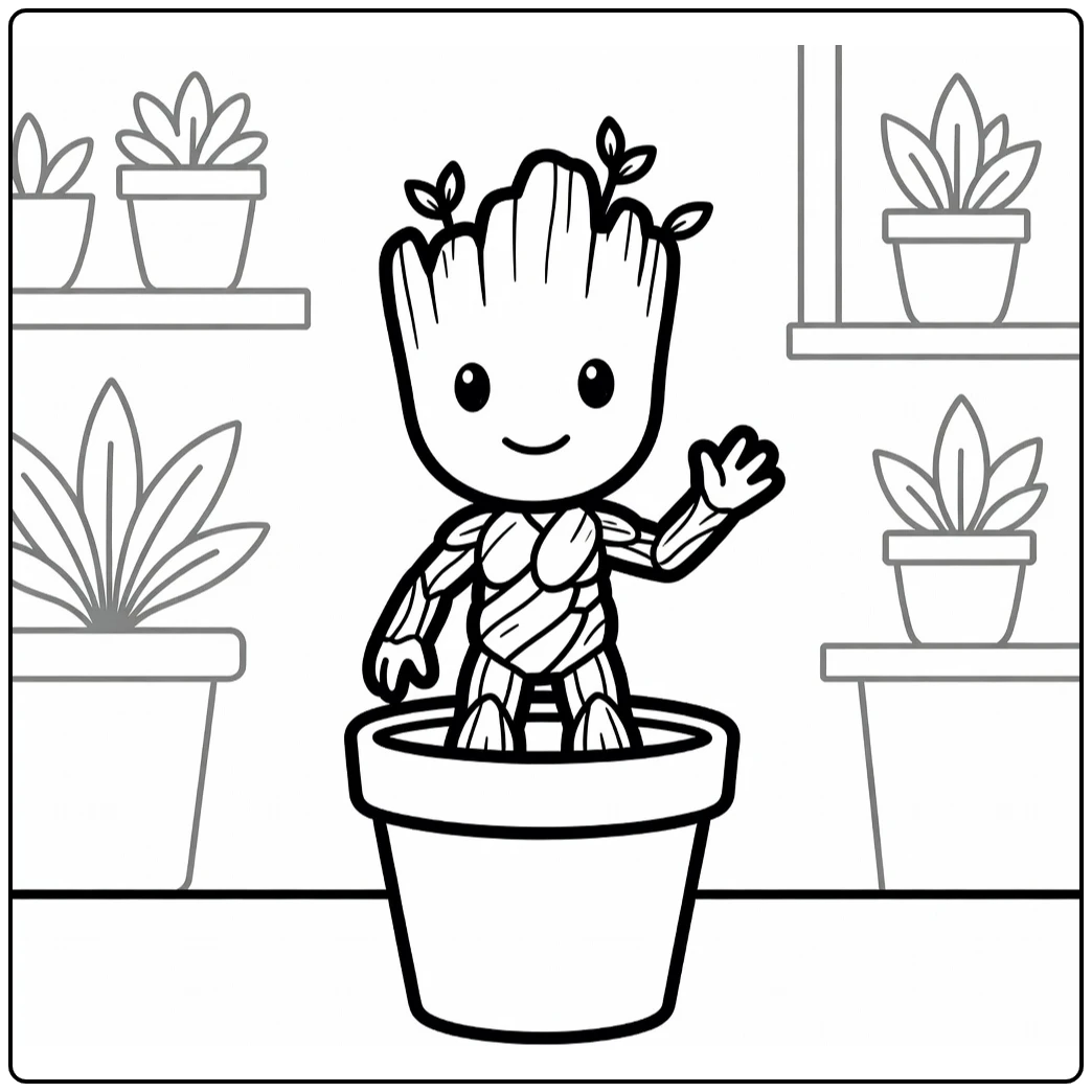 Groot Sprout Waving on Plant Shelf with Leaves coloring page