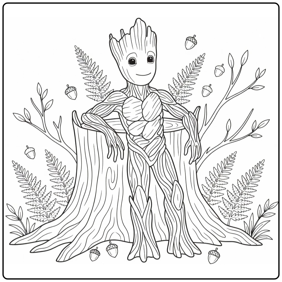 Relaxed with Groot Tree Stump and Acorns coloring page
