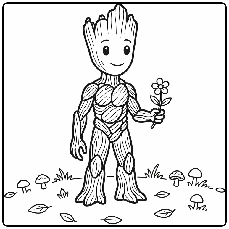 Groot Peacefully in Forest Meadow with Small Flower and Grass coloring page