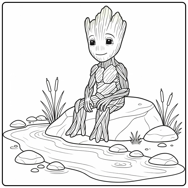 Groot coloring page with leaves and forest details