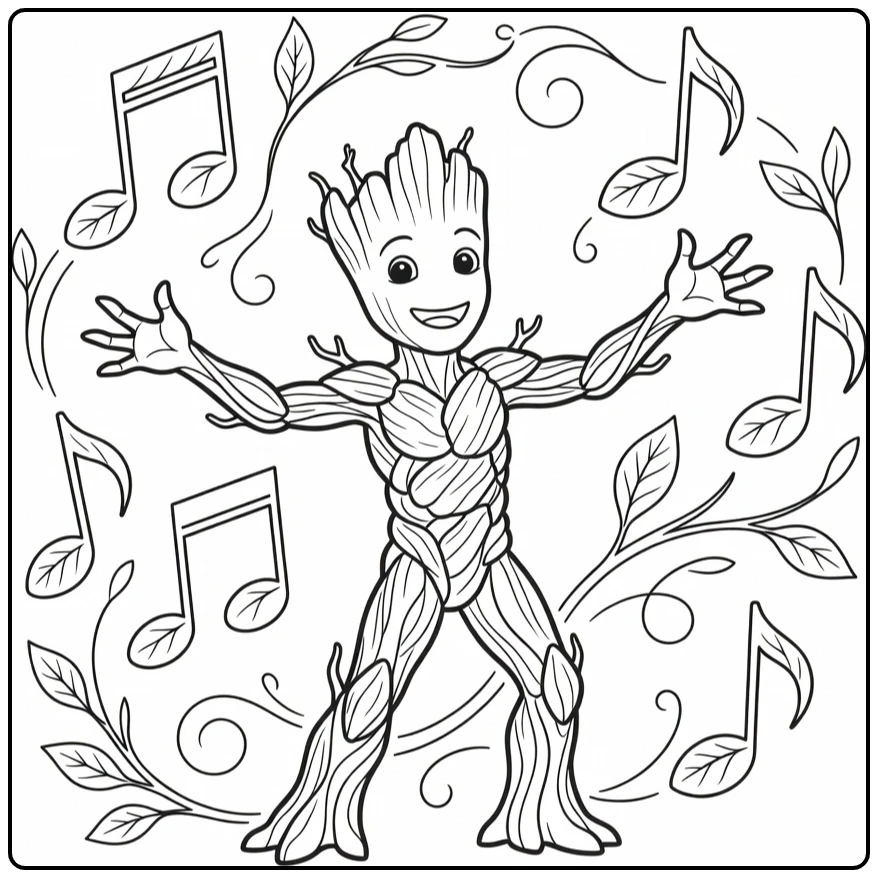 Groot Cheerful Dancing with Open Arms coloring page