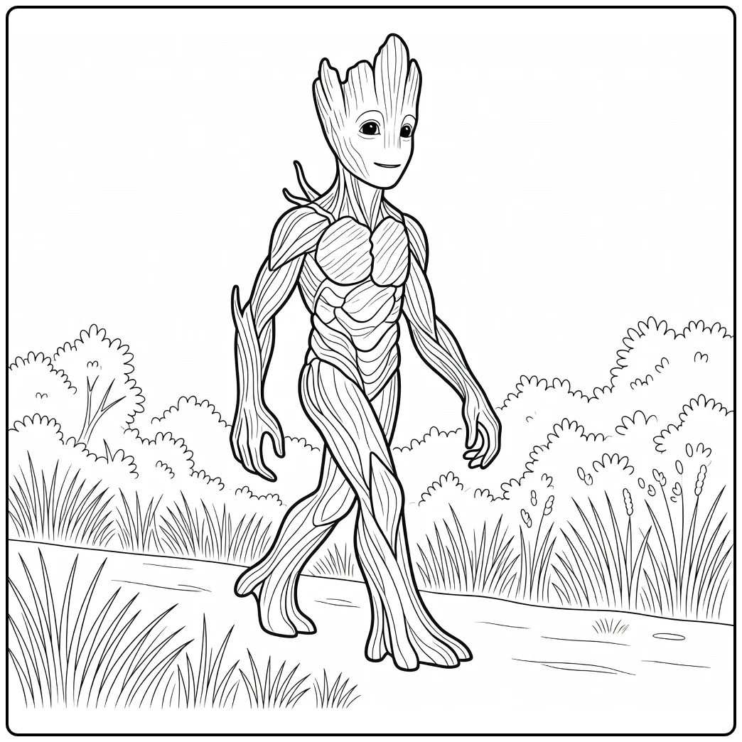 Groot Waving Arms Through Forest with High Grass coloring page