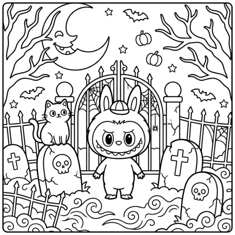 Halloween Labubu with a Cat and a Full Moon coloring page