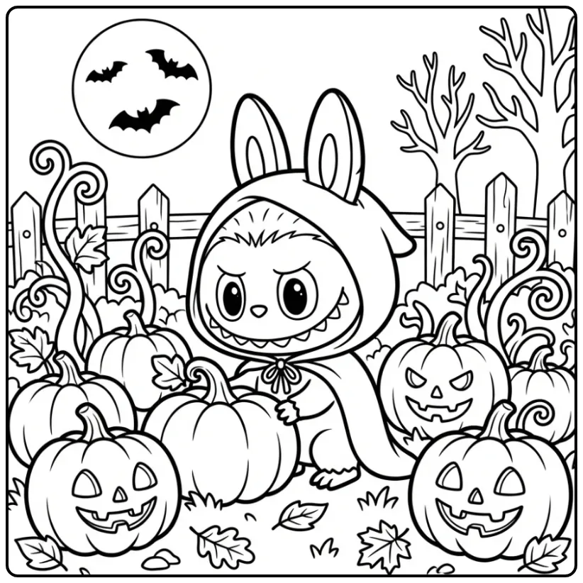 Halloween Labubu with Pumpkins and the Moon coloring page