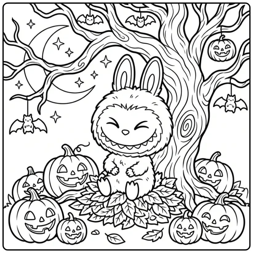 Halloween Labubu Under a Tree with Bats coloring page