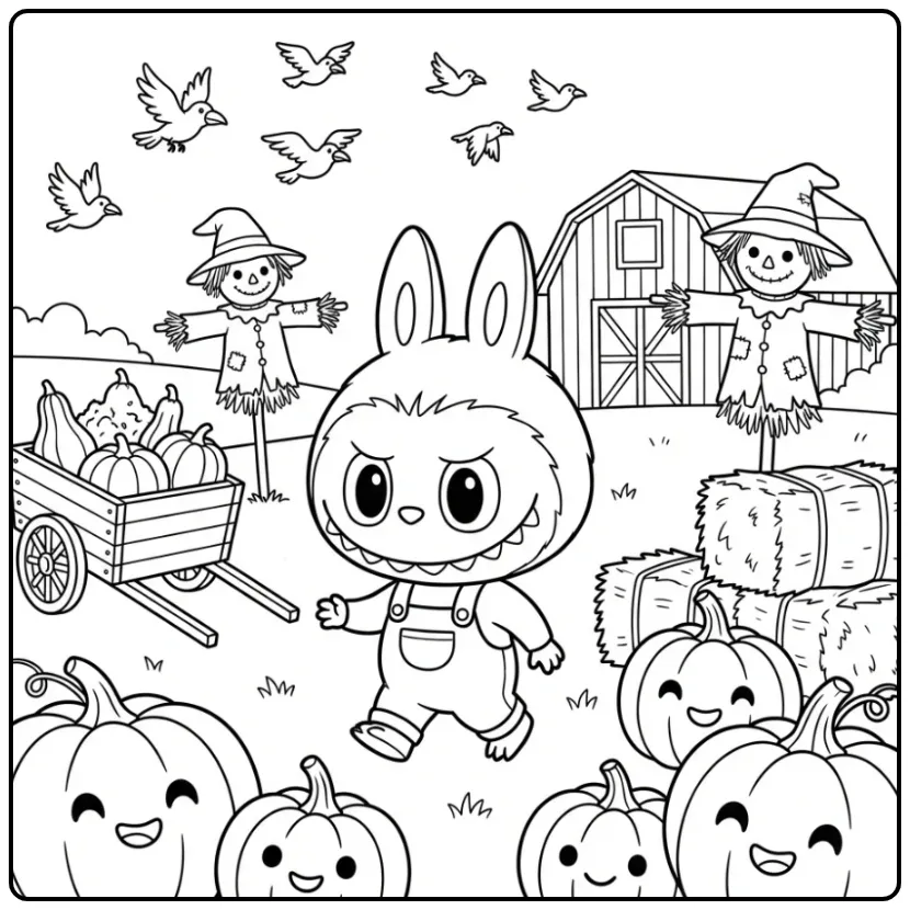 Halloween Labubu on an Autumnal Farm coloring page