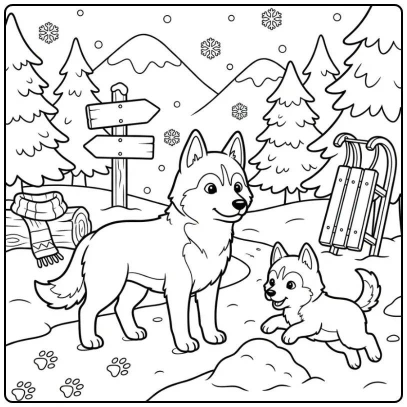 Puppy Dogs with a Husky in the Snow coloring page