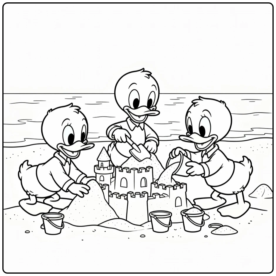 Huey, Dewey, and Louie Enjoying Beach Fun with a Sand Castle coloring page