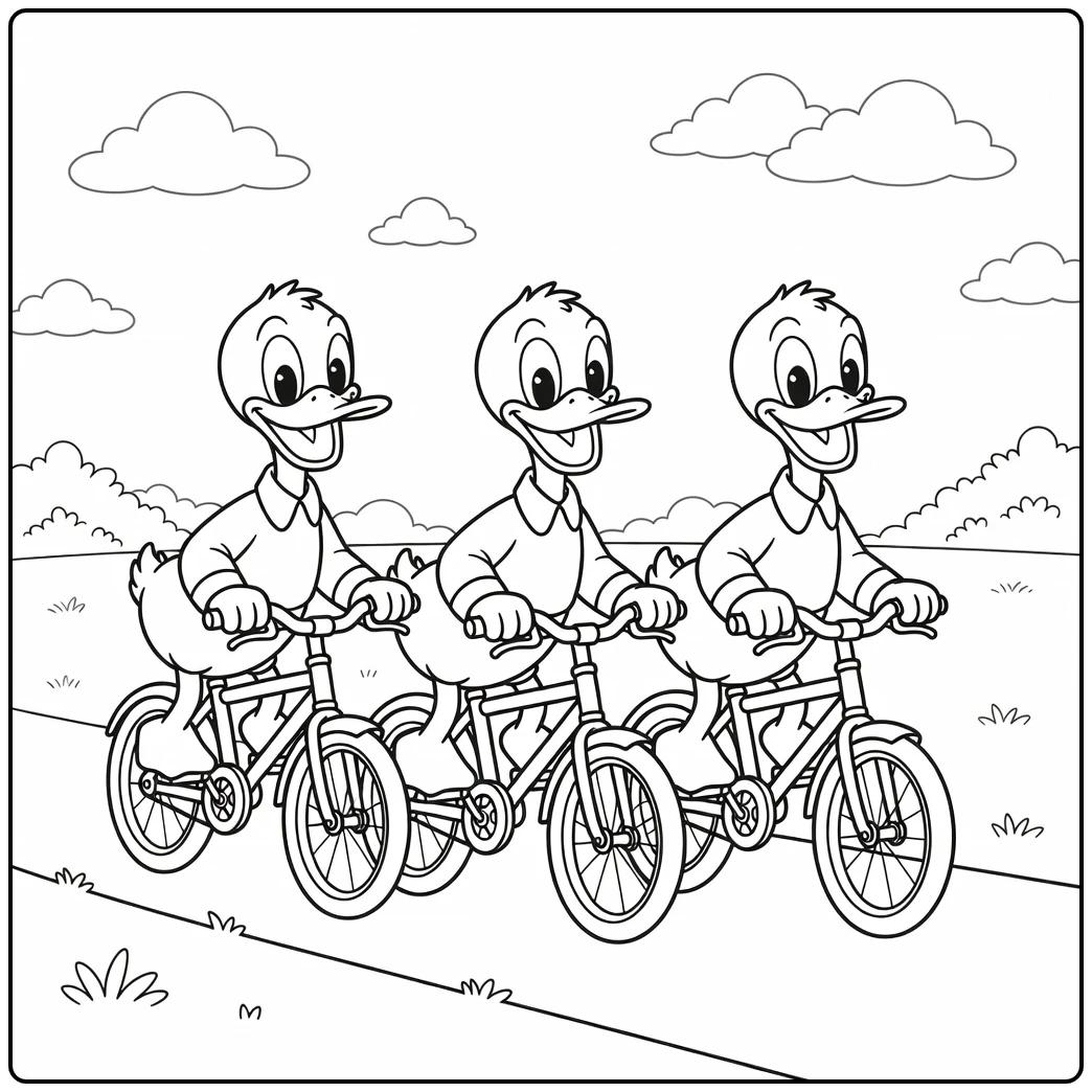 Huey, Dewey, and Louie on a Cheerful Bicycle Adventure coloring page