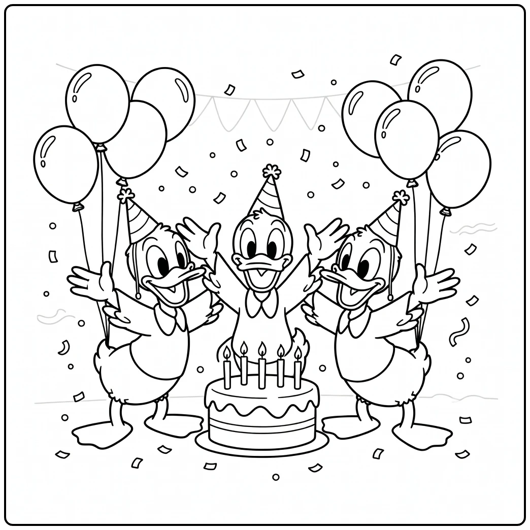 Huey, Dewey, and Louie Cheerful Birthday Party with Cake coloring page