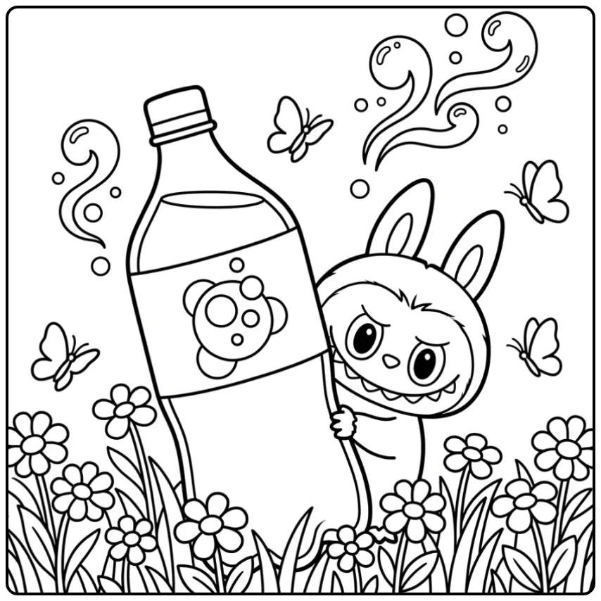 Cheerful Labubu Cola Scene with a Giant Bottle coloring page