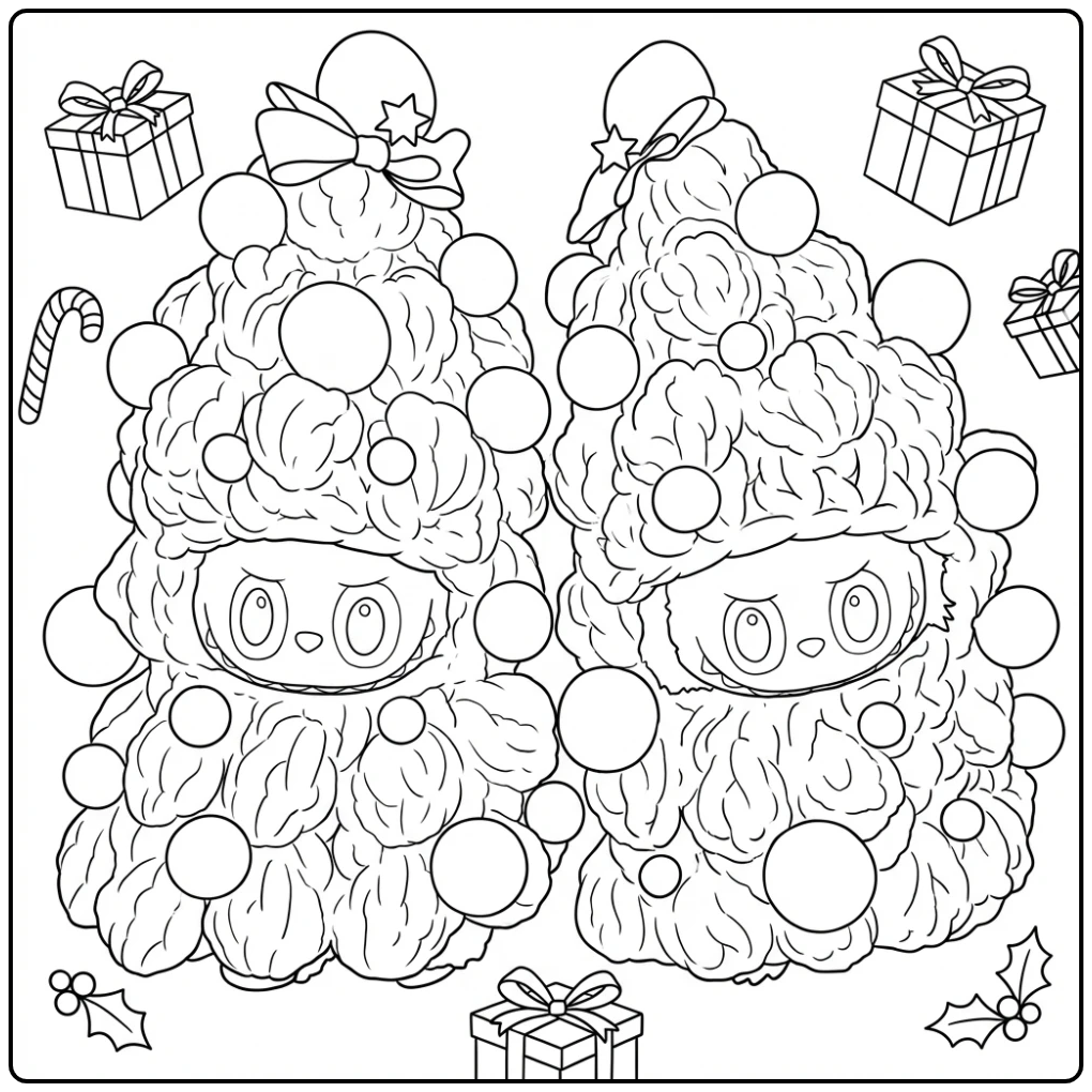 Two Labubu Christmas Trees with Gifts coloring page