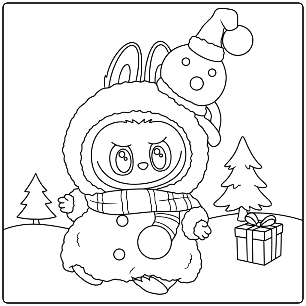 Labubu Christmas Cheerful Snowman in the Snow coloring page