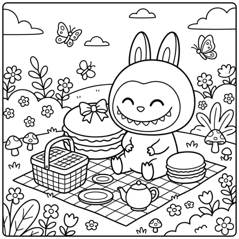 Labubu Macaron with a Picnic Basket and Butterflies coloring page