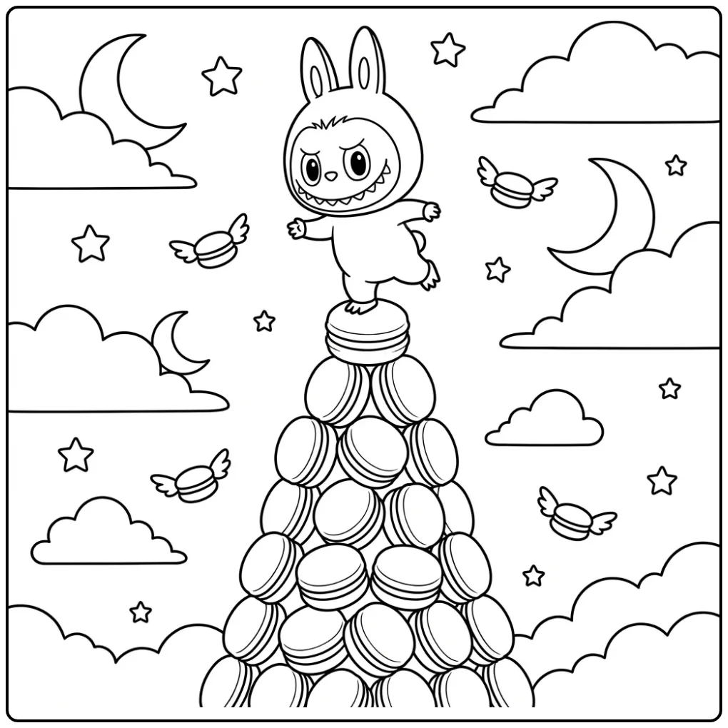 Labubu Macaron with Clouds and Stars coloring page