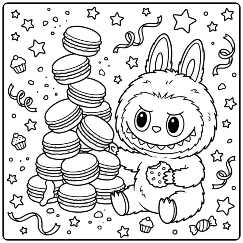 Labubu Macaron Enjoying Treats at the Bakery coloring page
