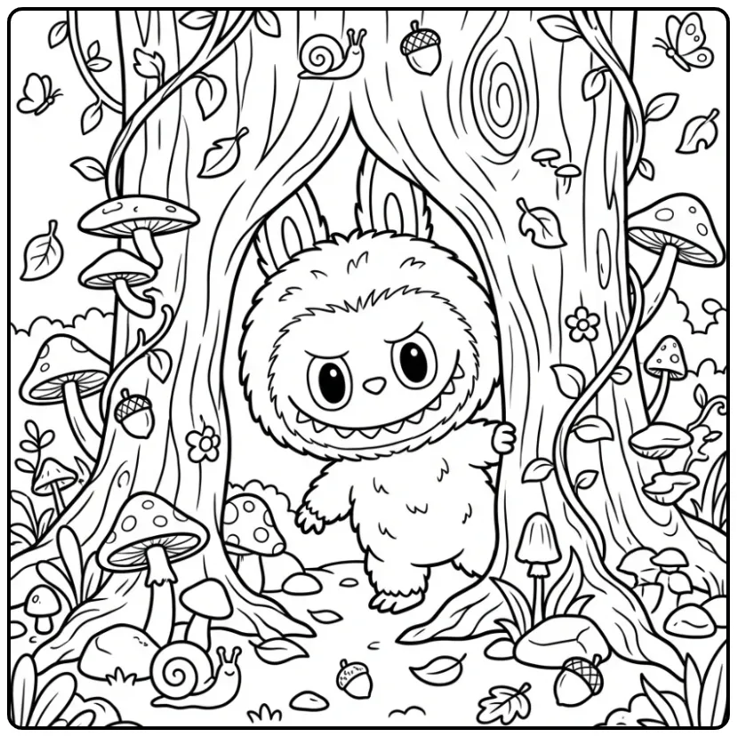 Labubu Secret Hide-and-seek in the Forest coloring page